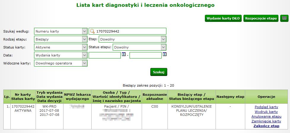 W przypadku ustawienia filtru roku na rok bieżący, system wyświetli obowiązujące w dacie bieżącej umowy i miejsca udzielania świadczeń, w których zakontraktowano zakresy świadczeń upoważaniające do