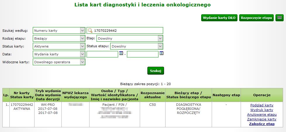 Rysunek 1-7 Przykładowa lista kart diagnostyki i leczenia onkologicznego Na Liście kart diagnostyki i leczenia onkologicznego karta, dla której został wprowadzony etap Diagnostyka pogłębiona otrzyma