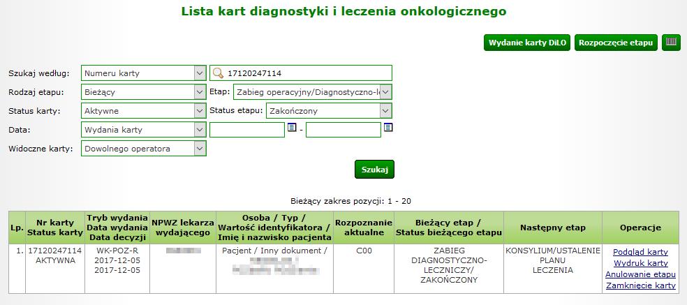 Rysunek 1-21 Przykładowe okno zakończenia etapu karty DiLO Po zakończeniu etapu należy skorzystać z opcji Wydruk karty (w przypadku, gdy karta zwracana jest do pacjenta) lub Powrót do listy kart.