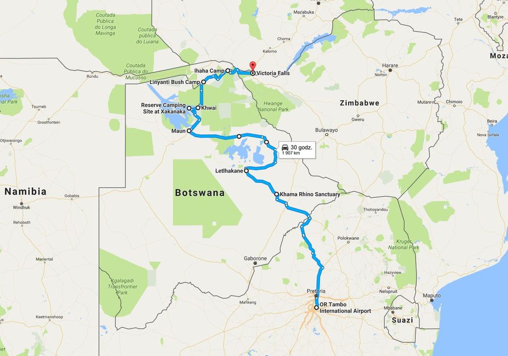 Główne atrakcje wyprawy do Botswany i Zimbabwe Wizyta w rezerwacie biosfery Waterberg Trekking połączony z tropieniem nosorożców w Khama Rhino Sanctuary Nocny spacer po solnisku Makgadikgadi Pan