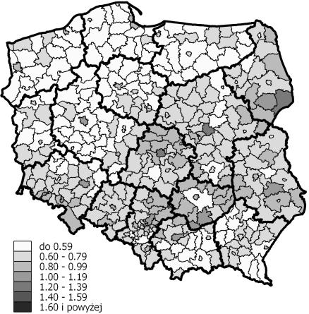 Zróżnicowanie terytorialne starzenia się ludności Polski 81 starszymi legitymować się będą powiaty w województwie pomorskim (największą kartuski i gdański, gdzie indeks starości wyniesie odpowiednio