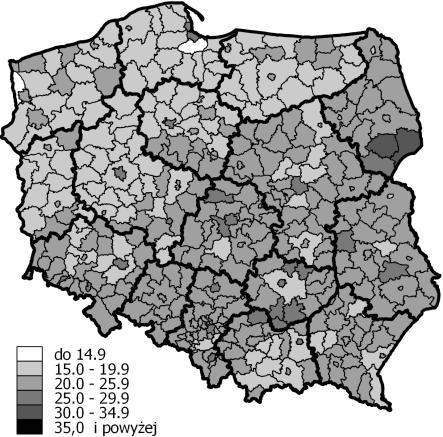 Zróżnicowanie terytorialne starzenia się ludności Polski 83 i Czyże osiągnął wartości wynoszące odpowiednio 75, 71 i 64).