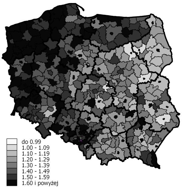 Zróżnicowanie terytorialne starzenia się ludności Polski 87 Rysunek 17. Dynamika udziałów ludności w wieku 65+ w powiatach w latach 2002 2020 (2002 = 1,0) Rysunek 18.