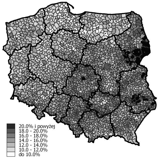 Zróżnicowanie terytorialne starzenia się ludności Polski 77 odsetek ten kształtował się w granicach 32 39,8%, przy czym najwyższy był w ostatniej z wymienionych miejscowości).