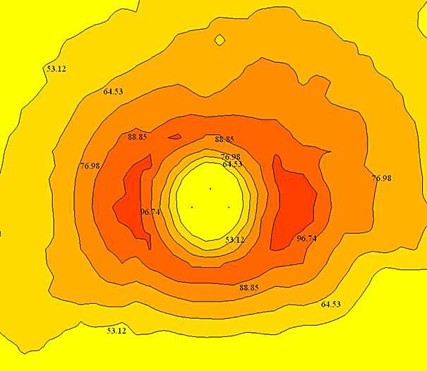 Rys. 8. Mapa rozkładu izolinii stężeń maksymalnych pyłu PM10 uśrednionych dla 1h, dla T=600 K Fig. 8. Contour line map of PM10 maximum concentration average for hour, for T=600 K Rys. 9.