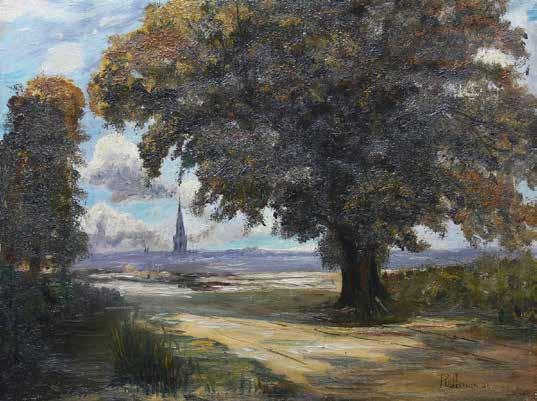 ) Pejzaż z kościołem w tle, 1921 r. olej, płótno, 36 49 cm sygn. i dat.