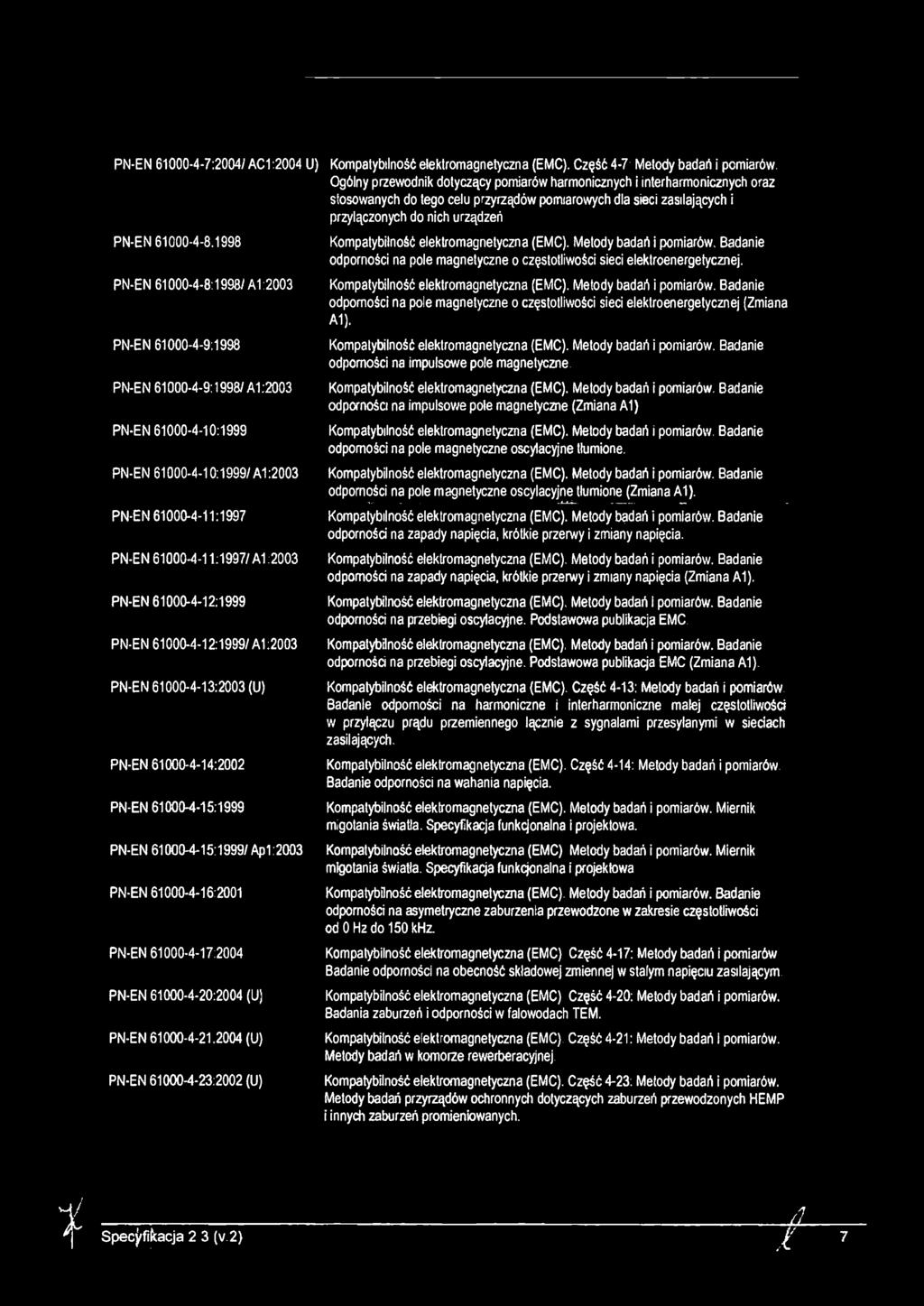 1998 Kompatyblność elektromagnetyczna (EMC). Metody badań pomarów. Badane odpornośc na pole magnetyczne o częstotlwośc sec elektroenergetycznej.