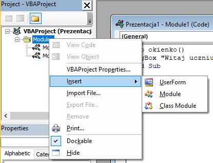 W ten sposób powstaje odrębne okienko do tworzenia nowego kodu. Ryc.7 Wstawianie nowego modułu.