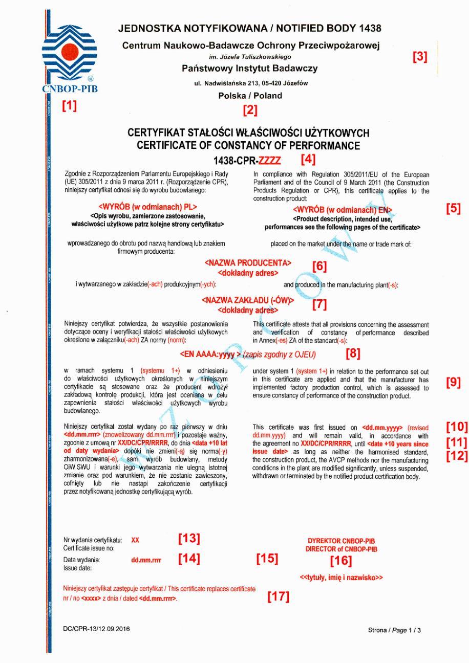 Ryc. 3. Wzór pierwszej strony certyfikatu stałości właściwości użytkowych (CPR) Źródło: opracowanie własne.