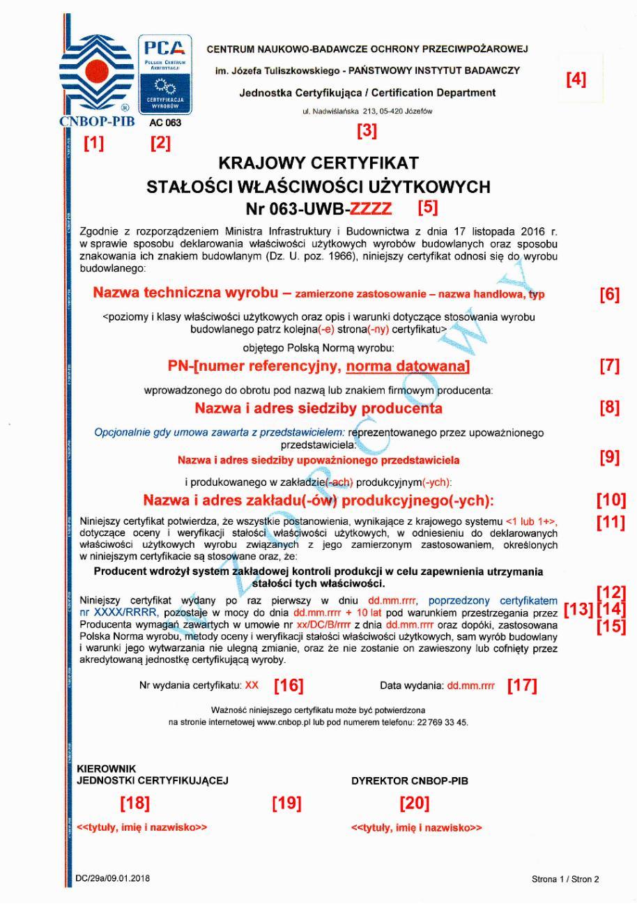 Ryc. 6. Wzór pierwszej strony krajowego certyfikatu stałości właściwości użytkowych (SWU) wydanego na zgodność z Polską Normą Źródło: opracowanie własne.
