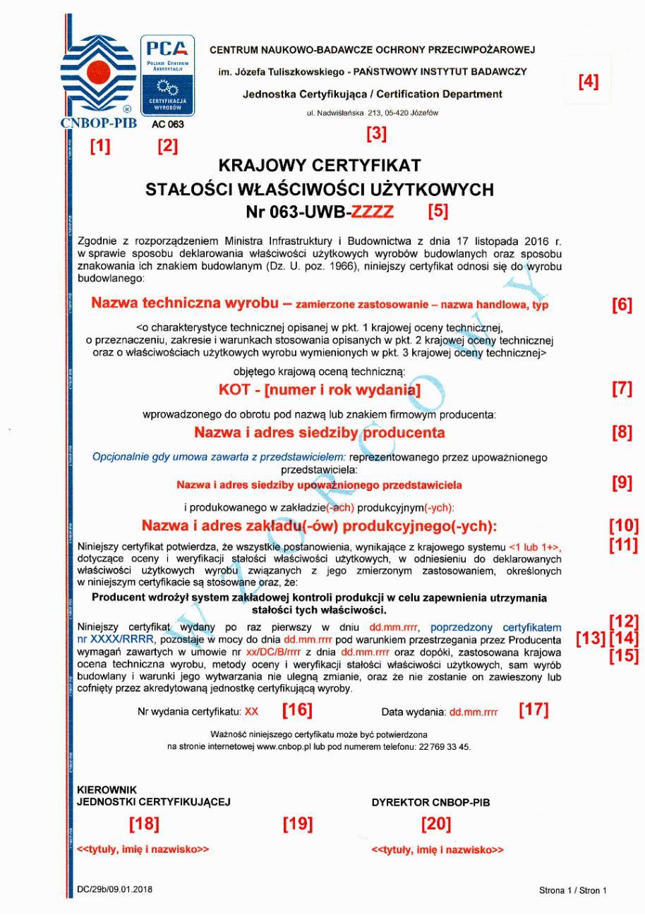[7] poziomy i klasy właściwości użytkowych oraz opis i warunki dotyczące stosowania wyrobu budowlanego, [8] numer wydania certyfikatu, [9] data wydania certyfikatu, [10] podpis Kierownika Jednostki