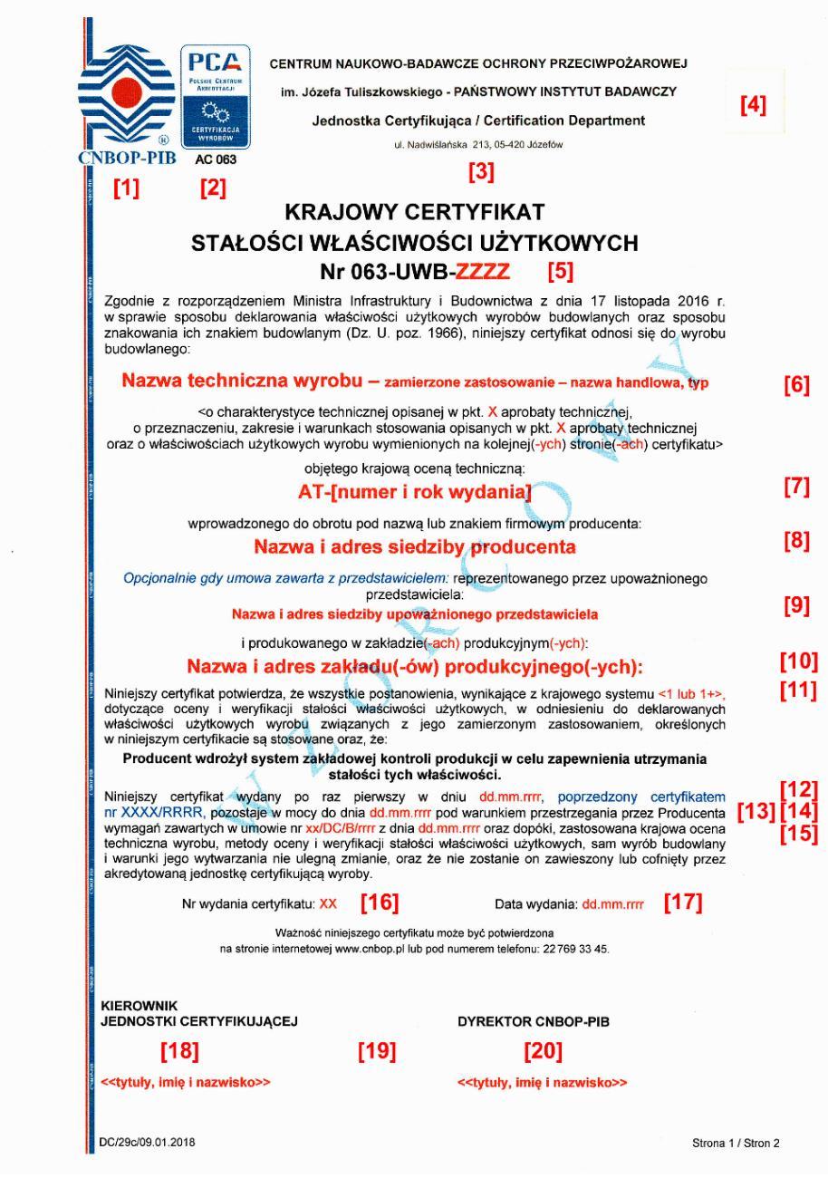 Ryc. 9. Wzór pierwszej strony krajowego certyfikatu stałości właściwości użytkowych wydanego na zgodność z Aprobatą Techniczną Źródło: opracowanie własne.