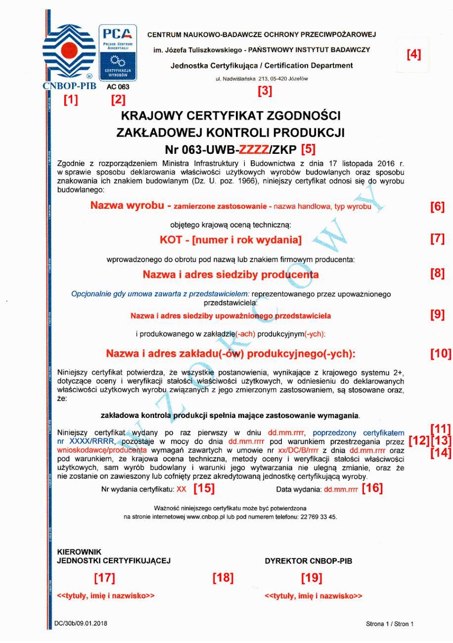 Ryc. 11b. Wzór krajowego certyfikatu zgodności zakładowej kontroli produkcji wydanego na zgodność z Krajową Oceną Techniczną Źródło: opracowanie własne.