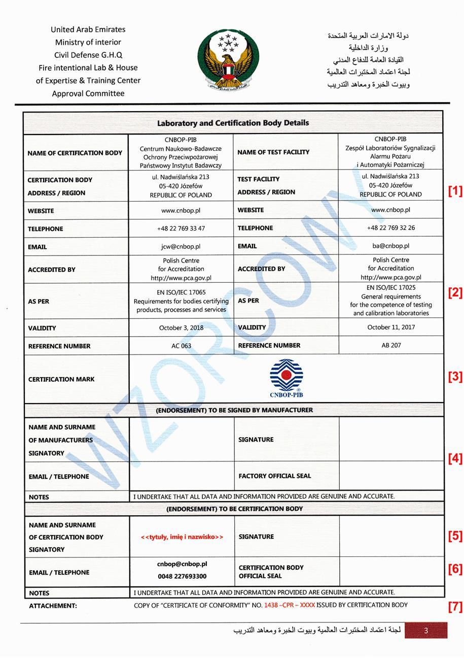 [1] opis wyrobu, [2] techniczny dokument odniesienia, [3] opis badania, [4] dane techniczne wyrobu, [5] wyniki badań, [6] opis zastosowania wyrobu, [7] okrągła czerwona pieczęć CNBOP-PIB. Ryc. 14.
