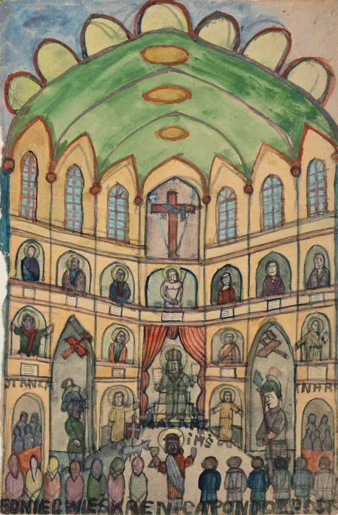 2 Msza ołówek, akwarela, papier, 26,5 x 17 cm w centralnej części obrazka napis: JTANCA/MALARZ/[ ]/INHRI u dołu napis: BONIECWIEŚKRENICAPONDO[ ] Nikifor był Łemkiem, wychowywał się na pograniczu