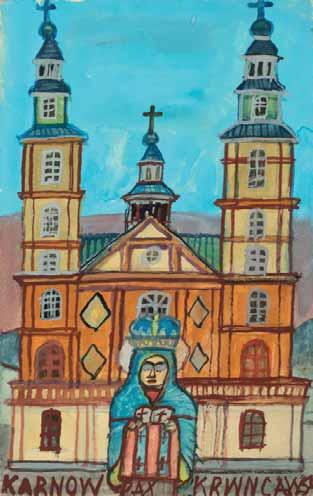 7 Cerkiew Świętych Piotra i Pawła w Krynicy, 1936 ołówek, kredka, karton, 34,5 x 22 cm na odwrocie cztery