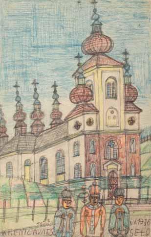 Wojnarów zakup od artysty Stary kościół w Krynicy ołówek, kredka, karton, 34,5 x 22 cm na odwrocie cztery
