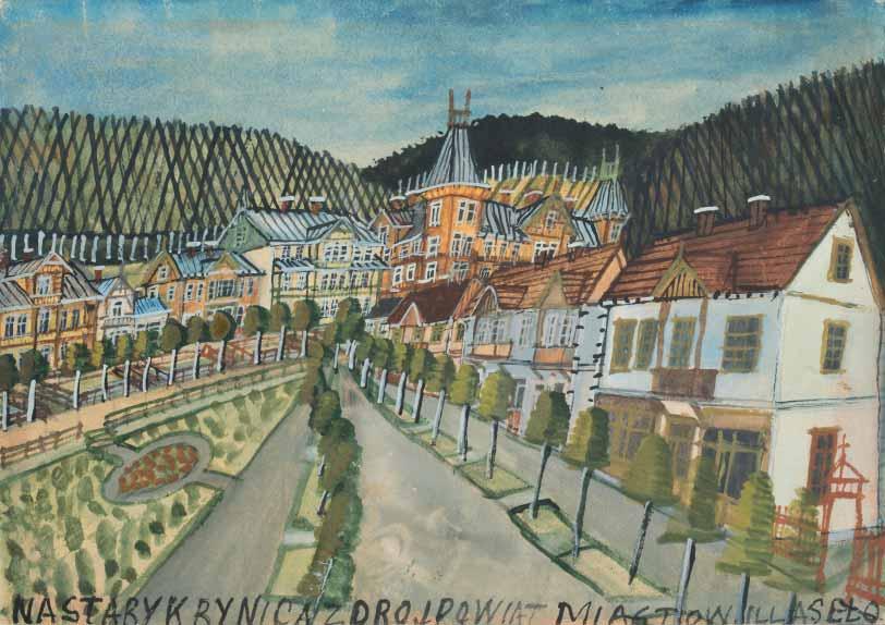 9 Pejzaż miejski z Krynicy ołówek, akwarela, gwasz, karton, 29,5 x 42 cm na odwrocie osiem pieczątek autorskich oraz odręcznie: 1000 zł u dołu napis: NASTARYKRYNICAZDROJPOWIATMIASTOWILLASEŁO