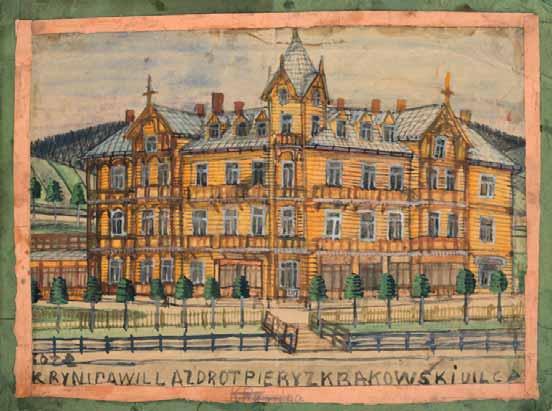 14 Willa Witoldówka w Krynicy, 1948 ołówek, akwarela, gwasz, papier, ramka z papieru kolorowego, 24,5 x 33 cm na odwrocie obcą ręką data: VII.
