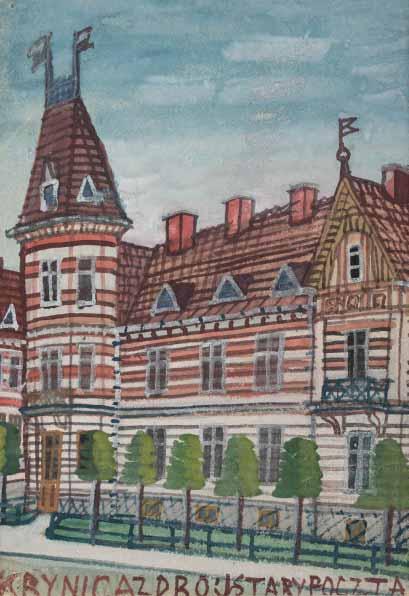 17 Poczta w Krynicy akwarela, farbka srebrna, karton, 20,5 x 14 cm (w świetle oprawy) u dołu napis: