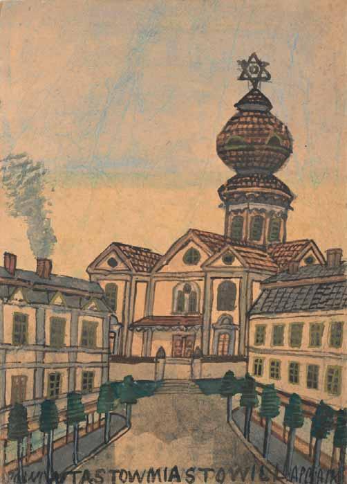 35 Synagoga w Tarnowie ołówek, akwarela, gwasz, papier, 31 x 22,5 cm u dołu napis: POWIWTASTOWMIASTOWILLAP[ ]AIK Inne w charakterze były podróże związane z przymusowym przesiedleniem po II wojnie