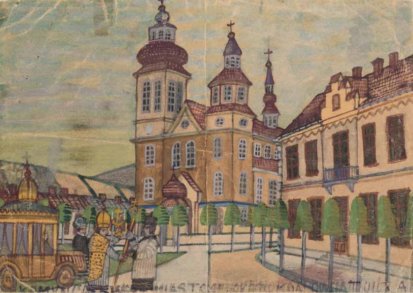 Nikifor jako biskup wysiada z samochodu akwarela, gwasz, papier, 20,5 x 29 cm na odwrocie pieczątka oraz