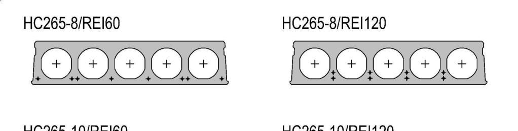 Struny zbrojenia głównego rozłożono analogicznie jak w płytach HC220A, w rzędzie oddalonym od powierzchni sufitowej o 55