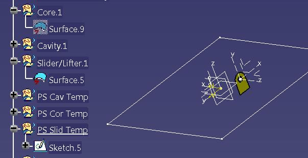 Wykonanie elementu Slider/Lifter (1) 1. Ukryj powierzchnię w gałęzi Core.1 2. Odkryj powierzchnię w gałęzi Slider/Lifter.1 3.