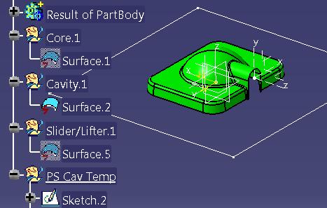 Generowanie kształtu gniazda formy przygotowanie 1. W górnym menu wykonaj: Insert Geometrical Set. Nazwij element PS Cav Temp (skrót - Parting Surface Cavity Temporary).