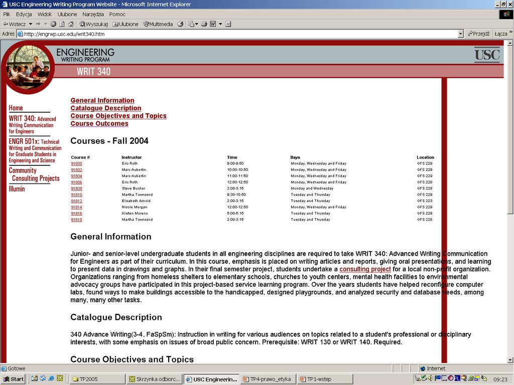 Kształcenie inżynierów - realizacja University of Southern California, LA WRIT 340: Advanced Writing Communication