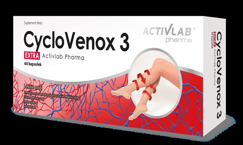 CycloVenox 3 EXTRA 60 kapsułek Lekkie nogi Produkt zawiera wysokiej klasy standaryzowany ekstrakt z ruszczyka, hesperydynę i witaminę C.