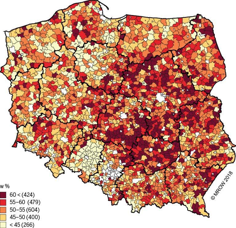 III.9. Aktywność społeczna Rysunek III.67. Frekwencja wyborcza w wyborach samorządowych (wójtów i burmistrzów) [W34] Źródło: opracowanie własne na podstawie danych z Państwowej Komisji Wyborczej.