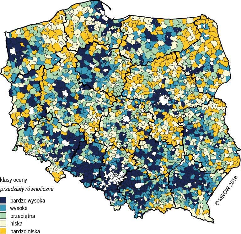 Rozdział III. Składowe rozwoju społeczno-gospodarczego poziom i dynamika zmian Rysunek III.8. Syntetyczna miara oceny w zakresie dostępności przestrzennej [DP] Źródło: opracowanie własne MROW 2018.
