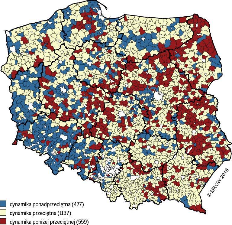 Rozdział III. Składowe rozwoju społeczno-gospodarczego poziom i dynamika zmian Rysunek III.24 Zmiany pozycji gmin na skali oceny sektora rolniczego Źródło: opracowanie własne MROW 2014 i MROW 2018.