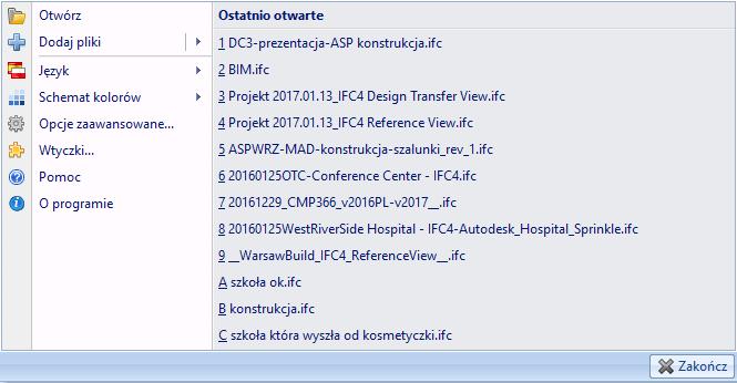 MENU Otwórz i dodaj kolejny plik IFC do istniejącego już widoku Otwórz plik IFC.