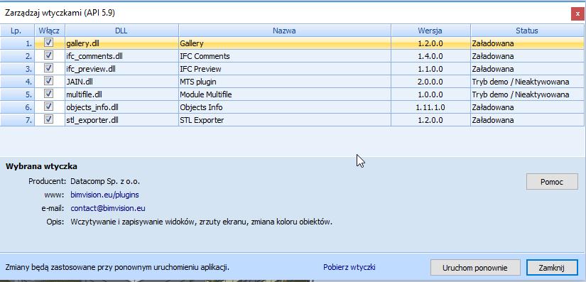 (**) Zarządzaj wtyczkami. (***) Informacje o programie.