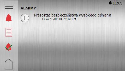 Rys. 3: Przykład alarmu Potwierdzanie alarmów Aby wyzerować wszystkie alarmy, należy nacisnąć symbol. 7.