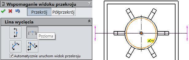 operacji Żebro i Szyk kołowy): na pasku Widok układu kliknij Widok przekroju, wybierz linię cięcia Pozioma (rysunek 4.24).