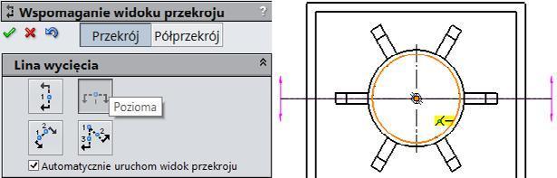 operacji Żebro i Szyk kołowy): na pasku Widok układu kliknij Widok przekroju, wybierz linię cięcia Pozioma (rysunek 4.24).