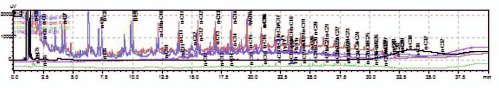W trybie wieloetapowym dla wybranych próbek wykonywano analizy PY-GC: dwuetapowe: 3 C 1 min, 5 C,4 min lub 3 C 1 min, 65 C,4 min, trójetapowe: 3 C 1 min, 5 C,4 min, 65 C,,4 min, pięcioetapowe: 3 C 1