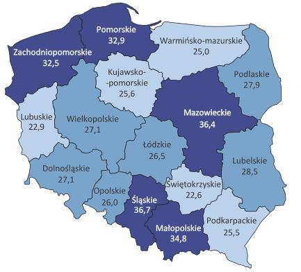 Mapa 12 Osoby korzystające z usług administracji publicznej za pomocą Internetu w ciągu ostatnich 12 miesięcy według województw w 2016 r. Źródło: Społeczeństwo informacyjne w Polsce.