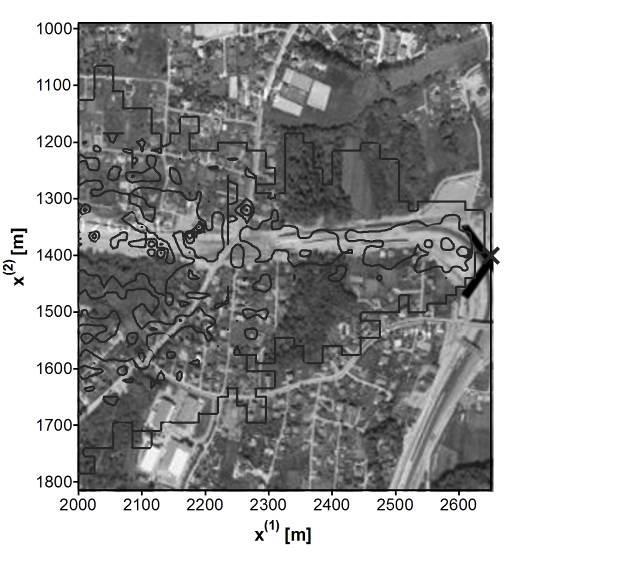 . a) b) Rys. 8. Stężenia zanieczyszczeń w analizowanym przypadku: a) rozkład stężeń, b) mapa obszaru z naniesionymi zakresami występowania substancji szkodliwej.