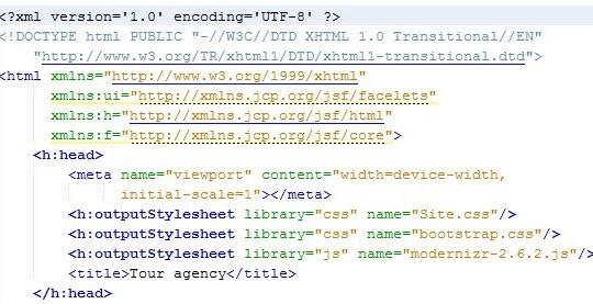 Przykład 3 przedstawia kod dodania bibliotek specjalnych, stylów i skryptów JavaScript dla JSF (13 linijek kodu).