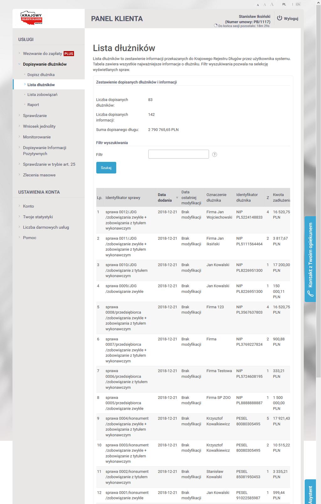9) Lista dodanych spraw widok z Paneu Klienta KRD BIG