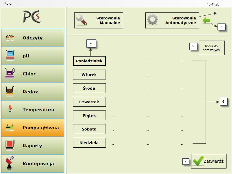 Tryb Automatyczny użycie przycisku 2 rys. 14 sterowanie automatyczne, powoduje przejście pompy w tryb automatyczny - na ekranie pojawiają się następujące ustawienia Rys.