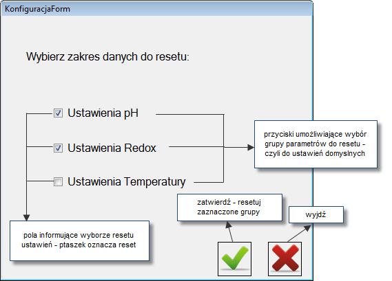 Rys. 45 Aby ustawić wartości domyślne dla ustawień ph i Redox należy nacisnąć przycisk ustawienia PH i przycisk ustawienia Redox na rys. 45 (w polach informujących pojawi się ptaszek jak na rys.
