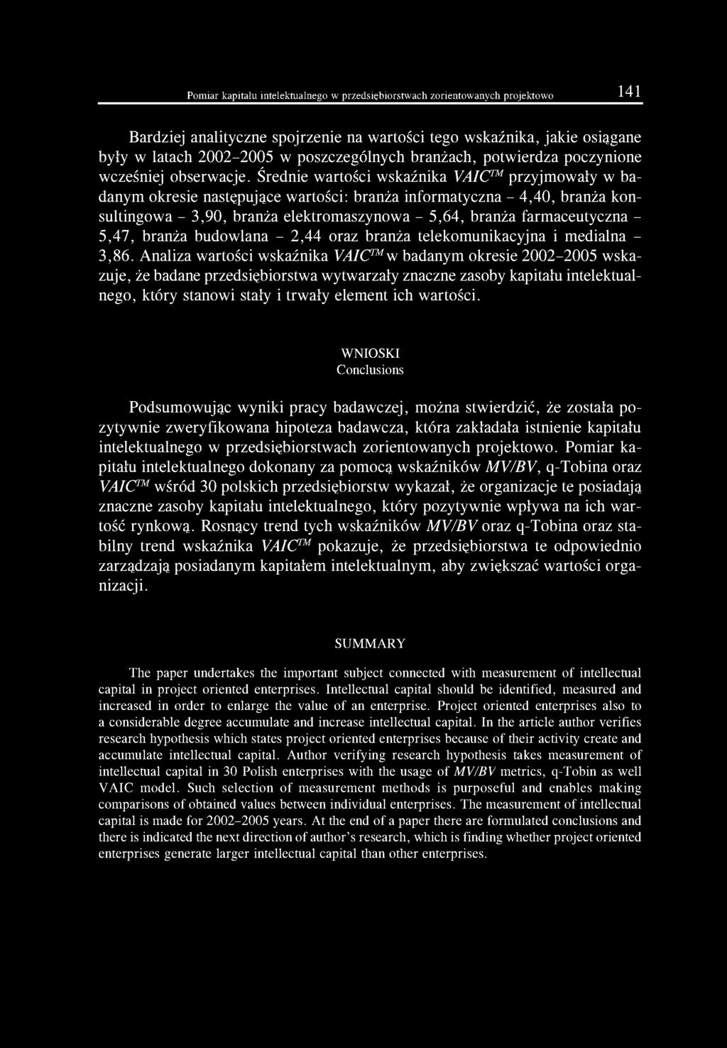 Średnie wartości wskaźnika VAIC przyjmowały w badanym okresie następujące wartości: branża informatyczna - 4,40, branża konsultingowa - 3,90, branża elektromaszynowa - 5,64, branża farmaceutyczna -