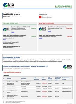 Obszar analizy ryzyka Sprawdzanie wiarygodności kontrahenta Raport o Konsumencie zawiera informacje z Rejestru Dłużników BIG, które mogą być rozszerzone o dane z baz bankowych - BIK i ZBP.