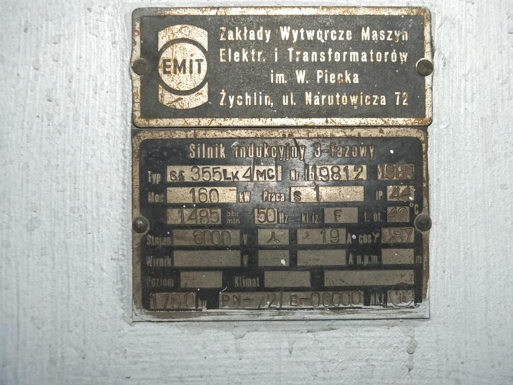 1.4. Silnik pompy obiegowej nr 3 6kV Silnik pompy obiegowej nr 3 typ SF355LK4MC Nr 119812 Rok produkcji 1985 Obroty 1485