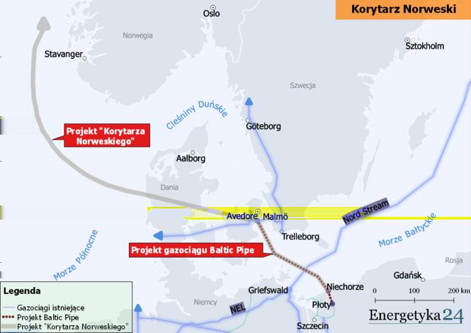 Korytarz Norweski składający się z gazociągu Baltic Pipe i towarzyszącej infrastruktury.